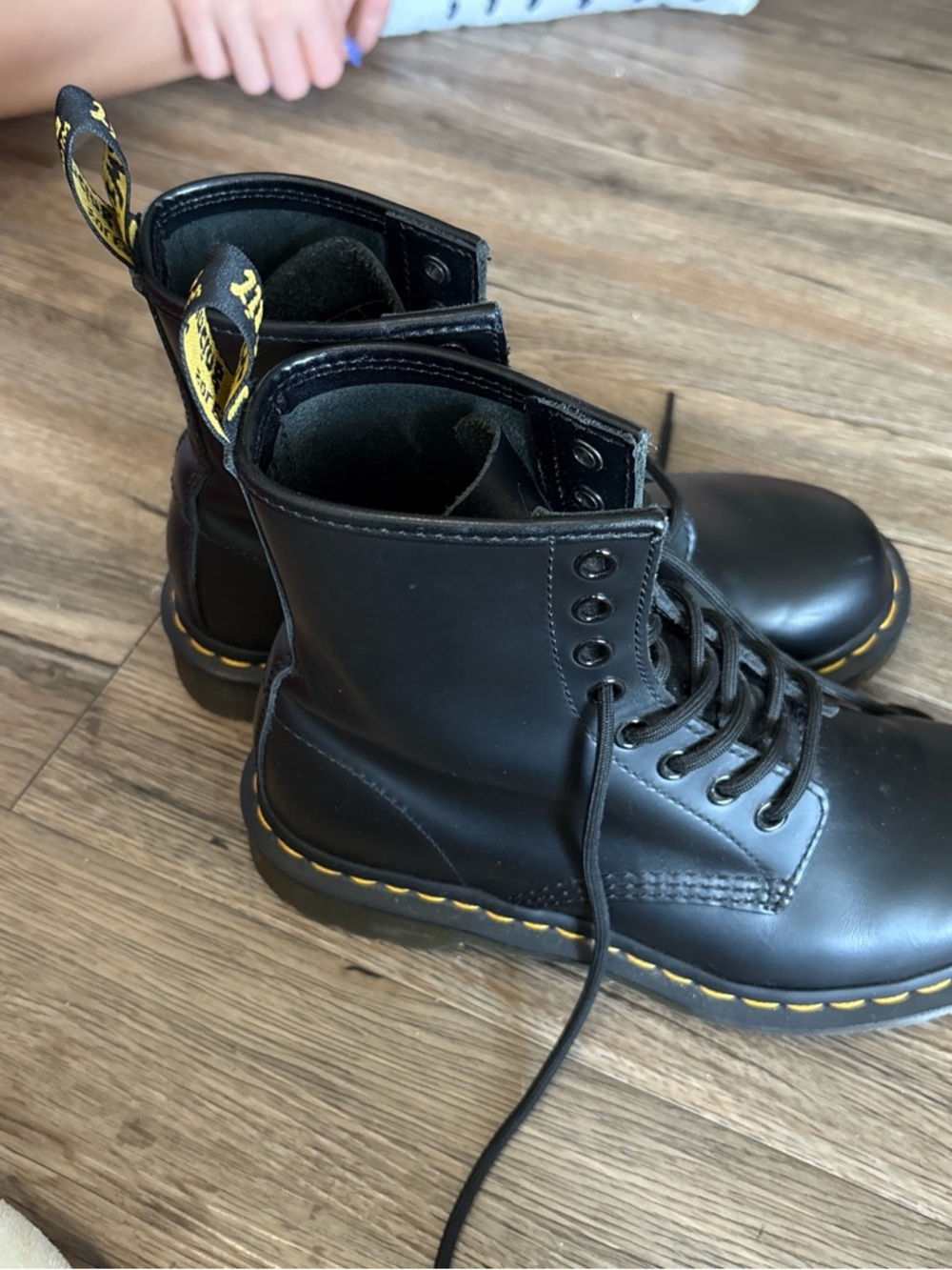 Dr. Martens Black Leather Lace-Up Boots with Yellow Stitching - Picture 2 of 4